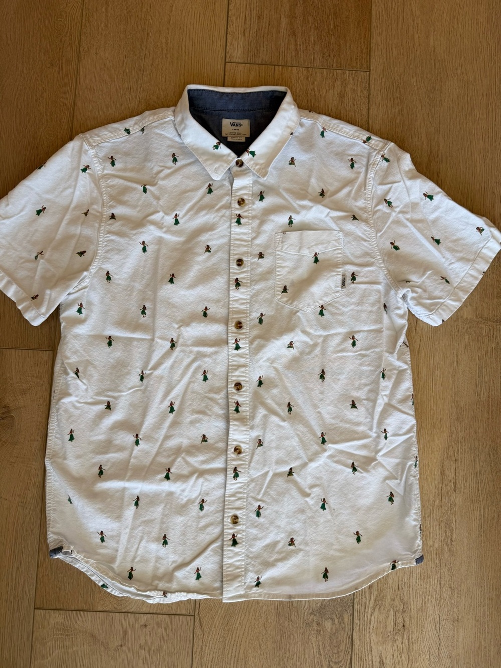 Vans White Short-Sleeve Button-Down Shirt with Hula Dancer Detailing